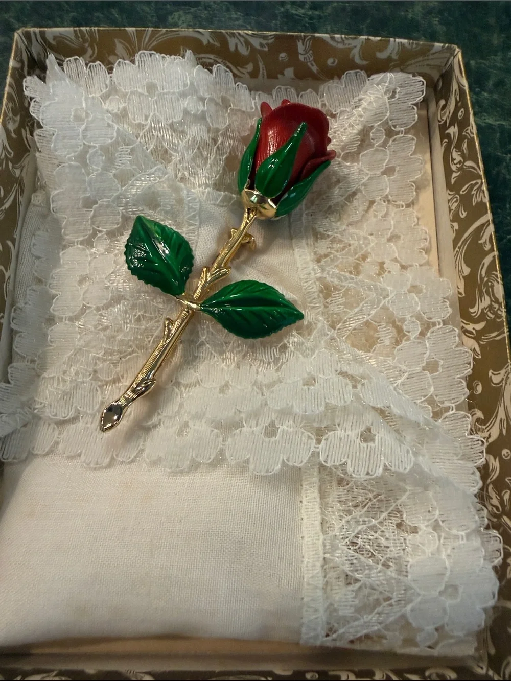 Vintage Red Rose Brooch Pin & Lace Handkerchief Boxed Set New Old Stock NOS